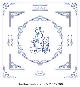 Vector set of vintage corners and frame. Ornamental vignette, arrows, label, square corners, restaurant menu or wine card decoration. Vine, grapes, bottles, glass elements. Blue watercolor style