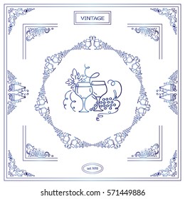 Vector set of vintage corners and frame. Ornamental vignette, arrows, label, square corners, restaurant menu or wine card decoration. Vine, grapes, bottles, glass elements. Blue watercolor style