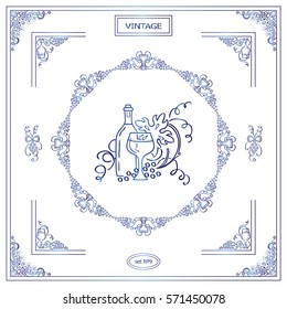 Vector set of vintage corners and frame. Ornamental vignette, arrows, label, square corners, restaurant menu or wine card decoration. Vine, grapes, bottles, glass elements. Blue watercolor style