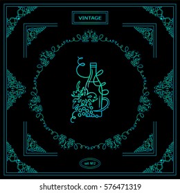 Vector set of vintage corners and frame. Ornamental vignette, arrows, label, square corners, restaurant menu or wine card decoration. Vine, grapes, bottles, glass elements. Blue-green color