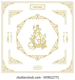 Vector set of vintage corners and frame. Ornamental vignette, arrows, label, square corners for restaurant menu or wine card decoration. Vine, grapes, bottles, grapes elements. Metal gold color 