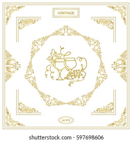 Vector set of vintage corners and frame. Ornamental vignette, label, corners, restaurant menu or wine card decoration. Vine, grapes, bottles elements. Gold color 