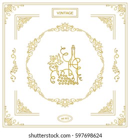 Vector set of vintage corners and frame. Ornamental vignette, label, corners, restaurant menu or wine card decoration. Vine, grapes, bottles elements. Gold color 