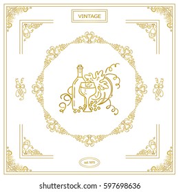 Vector set of vintage corners and frame. Ornamental vignette, label, corners, restaurant menu or wine card decoration. Vine, grapes, bottles elements. Gold color 