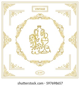 Vector set of vintage corners and frame. Ornamental vignette, label, corners, restaurant menu or wine card decoration. Vine, grapes, bottles elements. Gold color 