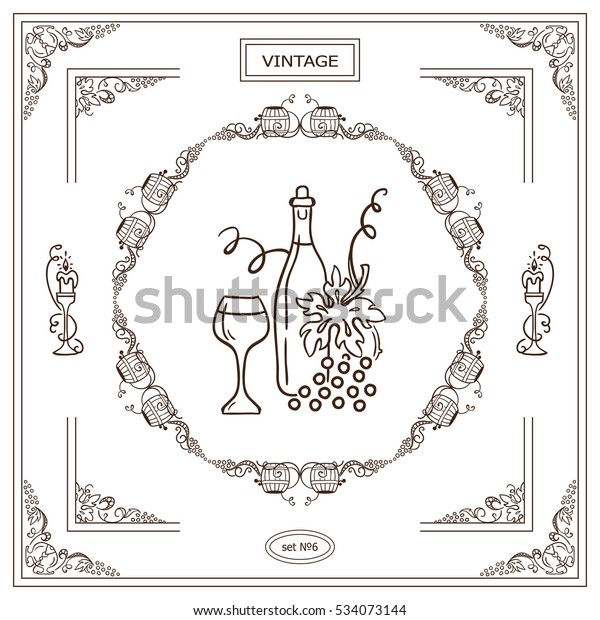 Vector set of vintage corners and frame. Ornamental\
vignette, arrows, label, square corners, restaurant menu or wine\
card decoration. Vine, grapes, bottles of wine, glass sketch\
elements. Sepia color