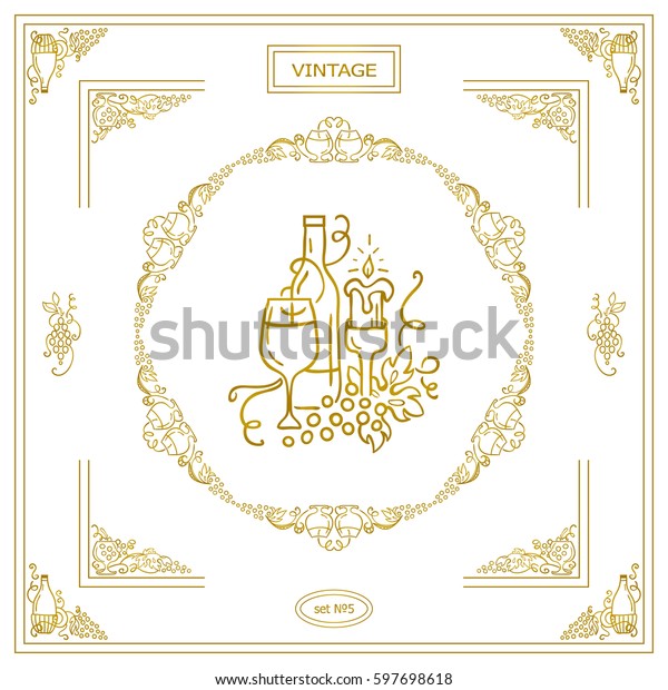 Vector set of vintage\
corners and frame. Ornamental vignette, label, corners, restaurant\
menu or wine card decoration. Vine, grapes, bottles elements. Gold\
color  