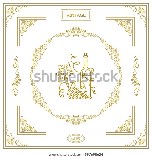 Vector set of vintage\
corners and frame. Ornamental vignette, label, corners, restaurant\
menu or wine card decoration. Vine, grapes, bottles elements. Gold\
color 