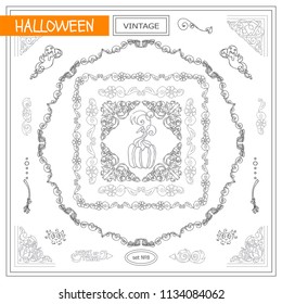 Vector set of vintage corners and frames. Ornamental vignette, squares, dividers and beautiful vintage art for Halloween, witch holiday, 31 october greeting card, invitation. New sketch in each  set