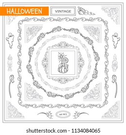 Vector set of vintage corners and frames. Ornamental vignette, squares, dividers and beautiful vintage art for Halloween, witch holiday, 31 october greeting card, invitation. New sketch in each  set