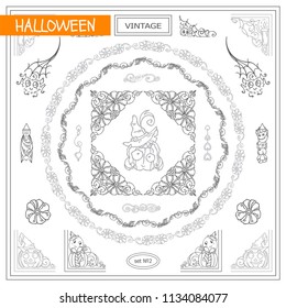 Vector set of vintage corners and frames. Ornamental vignette, squares, dividers and beautiful vintage art for Halloween, witch holiday, 31 october greeting card, invitation. New sketch in each  set