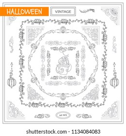 Vector set of vintage corners and frames. Ornamental vignette, squares, dividers and beautiful vintage art for Halloween, witch holiday, 31 october greeting card, invitation. New sketch in each  set