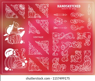 Vector set of vintage corners, frames, dividers in vintage doodle style. Halloween autumn elements – abstract pumpkins, witch hats, candles, bat, broom, apples and more elements for design