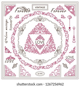Vector set of vintage corners and frames. Ornamental vignette, squares, dividers and beautiful vintage art for Valentine’s day, greeting card, invitation. Hand drawn high quality sketch in each set 