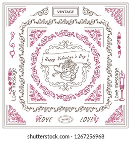 Vector set of vintage corners and frames. Ornamental vignette, squares, dividers and beautiful vintage art for Valentine’s day, greeting card, invitation. Hand drawn high quality sketch in each set 