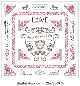 Vector set of vintage corners and frames. Ornamental vignette, squares, dividers and beautiful vintage art for Valentine’s day, greeting card, invitation. Hand drawn high quality sketch in each set 