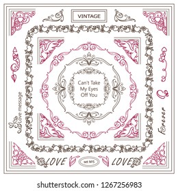 Vector set of vintage corners and frames. Ornamental vignette, squares, dividers and beautiful vintage art for Valentine’s day, greeting card, invitation. Hand drawn high quality sketch in each set 