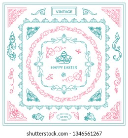 Vector set of vintage corners and frames. Ornamental vignette, squares, dividers and beautiful vintage art for Eastern holiday, Christian greeting card, invitation. High quality sketch in each set 