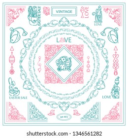Vector set of vintage corners and frames. Ornamental vignette, squares, dividers and beautiful vintage art for Eastern holiday, Christian greeting card, invitation. High quality sketch in each set 