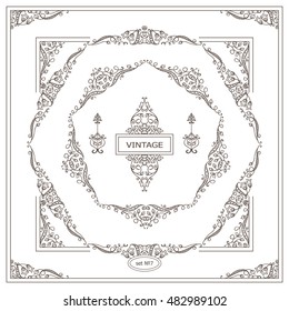 Vector set of vintage corners and frames. Ornamental frame, arrows, monogram, corner, square, book page, wedding invitation, card decoration. Vine and flower vignette. Different elements in every set 