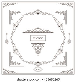 Vector set of vintage corners and frames. Ornamental frame, arrows, monogram, corners, square, book page, wedding invitation, card decoration. Vine and flower vignette. Different elements in every set