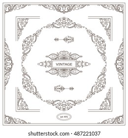 Vector set of vintage corners and frames. Ornamental frame, arrows, monogram, corners, square, book page, wedding invitation, card decoration. Vine, flower vignette. Different elements in every set 