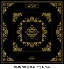 Vector set of vintage corners and frames. Ornamental frame, monogram, corners, square, book page, wedding invitation, card decoration. Vine and flower vignette. Premium gold style