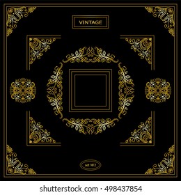 Vector set of vintage corners and frames. Ornamental frame, monogram, corners, square, book page, wedding invitation, card decoration. Vine and flower vignette. Premium gold style