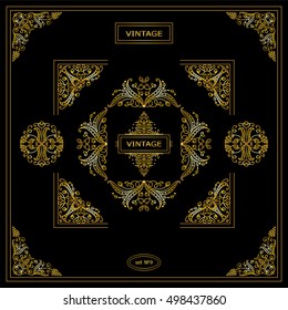 Vector set of vintage corners and frames. Ornamental frame, monogram, corners, square, book page, wedding invitation, card decoration. Vine and flower vignette. Premium gold style