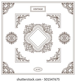Vector set of vintage corners and frames. Ornamental frame, arrows, monogram, corners, square, book page, wedding invitation, card decoration. Vine and flower vignette. Different elements in each set