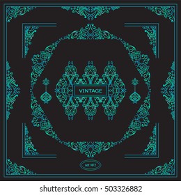 Vector set of vintage corners and frames. Ornamental frame, arrows, monogram, corners, square, book page, wedding invitation, card decoration. Green-blue colors. New element in every set