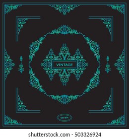 Vector set of vintage corners and frames. Ornamental frame, arrows, monogram, corners, square, book page, wedding invitation, card decoration. Green-blue colors. New element in every set