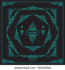Vector set of vintage corners and frames. Ornamental frame, arrows, monogram, corners, square, book page, wedding invitation, card decoration. Green-blue colors. New element in every set