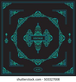 Vector set of vintage corners and frames. Ornamental frame, arrows, monogram, corners, square, book page, wedding invitation, card decoration. Green-blue colors. New element in every set