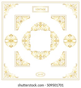 Vector set of vintage corners and frames. Ornamental frame, arrows, monogram, corners, square, book page, wedding invitation, card decoration. Vine and flower vignette. Gold and white colors