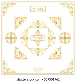 Vector set of vintage corners and frames. Ornamental frame, arrows, monogram, corners, square, book page, wedding invitation, card decoration. Vine and flower vignette. Gold and white colors