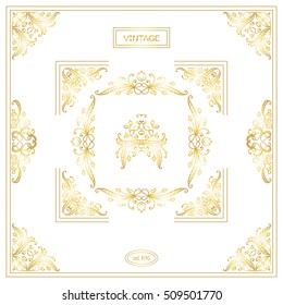 Vector set of vintage corners and frames. Ornamental frame, arrows, monogram, corners, square, book page, wedding invitation, card decoration. Vine and flower vignette. Gold and white colors
