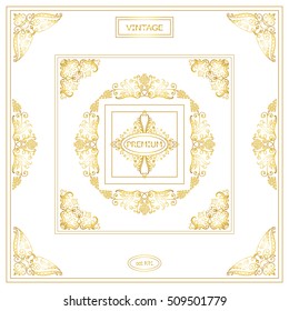 Vector set of vintage corners and frames. Ornamental frame, arrows, monogram, corners, square, book page, wedding invitation, card decoration. Vine and flower vignette. Gold and white colors