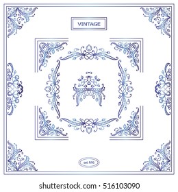 Vector set of vintage corners and frames. Ornamental frame, arrows, monogram, corners, square, book page, wedding invitation, card decoration. Vine and flower vignette. Blue watercolor style