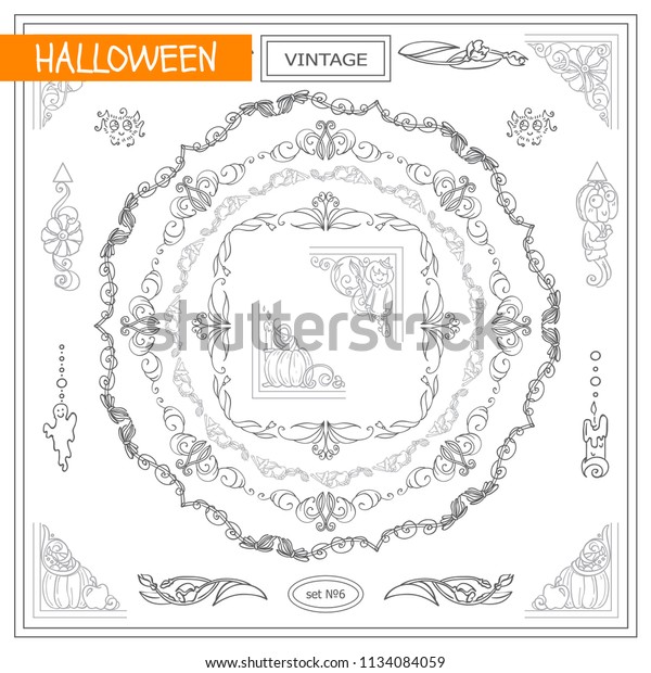 Vector set of vintage corners and frames. Ornamental\
vignette, squares, dividers and beautiful vintage art for\
Halloween, witch holiday, 31 october greeting card, invitation. New\
sketch in each  set