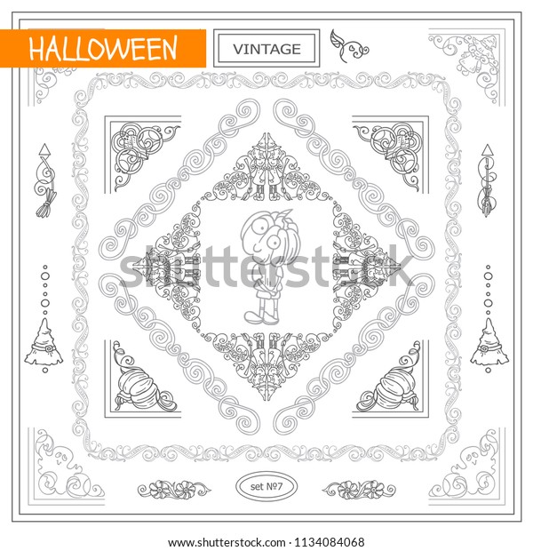 Vector set of vintage corners and frames. Ornamental\
vignette, squares, dividers and beautiful vintage art for\
Halloween, witch holiday, 31 october greeting card, invitation. New\
sketch in each  set