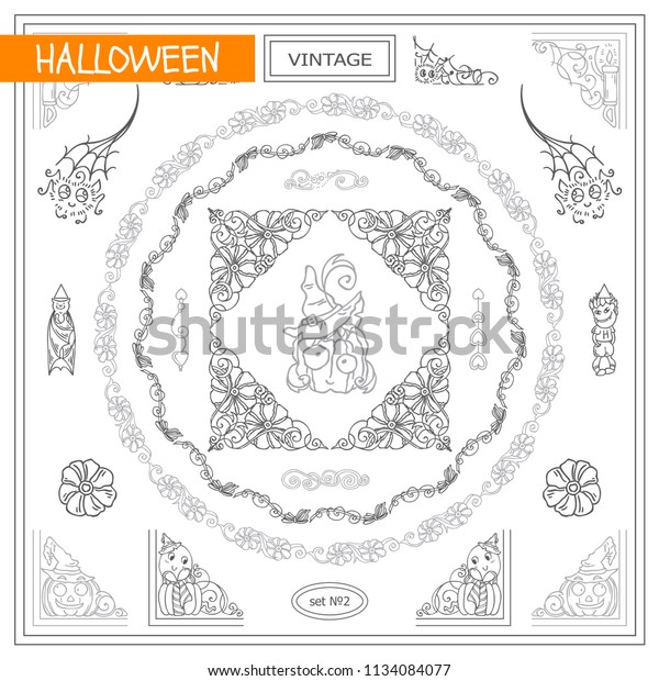 Vector set of vintage corners and frames. Ornamental
vignette, squares, dividers and beautiful vintage art for
Halloween, witch holiday, 31 october greeting card, invitation. New
sketch in each  set