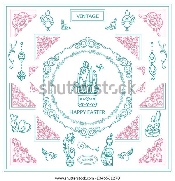 Vector set of vintage corners and frames. Ornamental\
vignette, squares, dividers and beautiful vintage art for Eastern\
holiday, Christian greeting card, invitation. High quality sketch\
in each set 