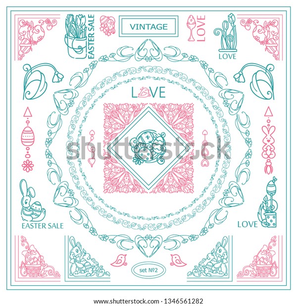 Vector set of vintage corners and frames. Ornamental
vignette, squares, dividers and beautiful vintage art for Eastern
holiday, Christian greeting card, invitation. High quality sketch
in each set 
