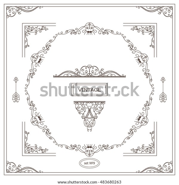 Vector set of vintage corners and frames. Ornamental\
frame, arrows, monogram, corners, square, book page, wedding\
invitation, card decoration. Vine and flower vignette. Different\
elements in every set