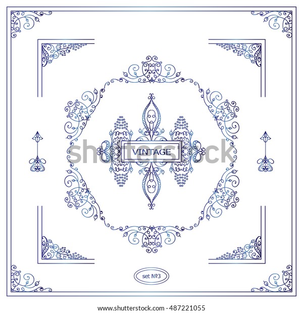 Vector set of vintage corners and frames. Ornamental\
frame, arrows, monogram, corners, square, book page, wedding\
invitation, card decoration. Blue watercolor style. New element in\
every set