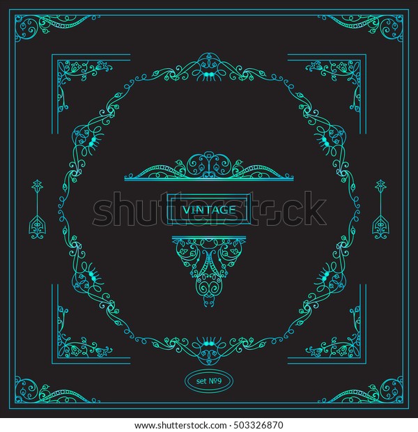 Vector set of vintage corners and frames. Ornamental\
frame, arrows, monogram, corners, square, book page, wedding\
invitation, card decoration. Green-blue colors. New element in\
every set