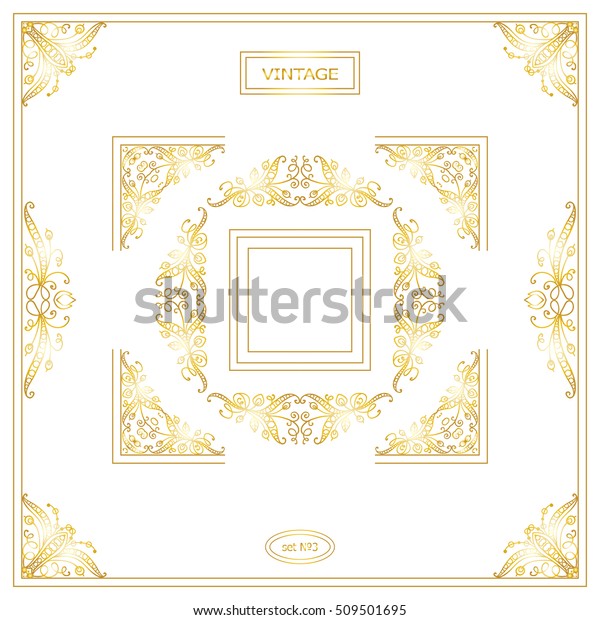 Vector set of vintage corners and frames.\
Ornamental frame, arrows, monogram, corners, square, book page,\
wedding invitation, card decoration. Vine and flower vignette. Gold\
and white colors