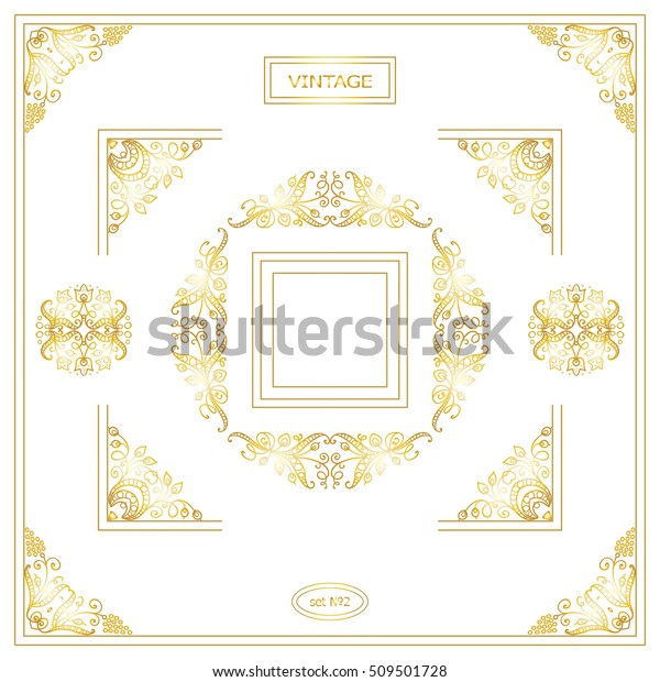 Vector set of vintage corners and frames.\
Ornamental frame, arrows, monogram, corners, square, book page,\
wedding invitation, card decoration. Vine and flower vignette. Gold\
and white colors
