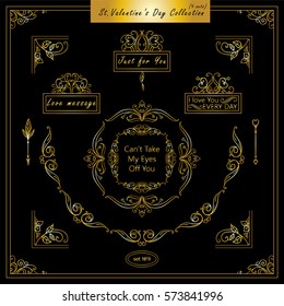 Vector set of vintage corners and round frames. Ornamental vignette, arrows, dividers, vintage art for Valentine day, wedding card, invitation. Hand drawn high quality sketch. Premium gold 